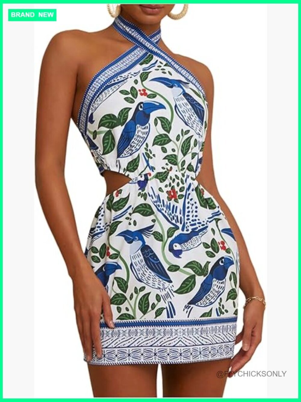 Polyester Blend Halter Mini Dress Casual Boho Floral Sundress